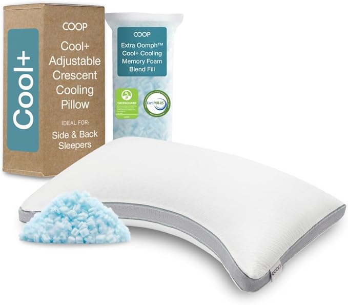 Coop Home Goods Cool+ Crescent Adjustable Pillow, Queen Size Plus Shaped Memory Foam Pillows with Cooling Gel, Neck Support, Back or Side Sleeper Pillow, CertiPUR US/GREENGUARD Gold