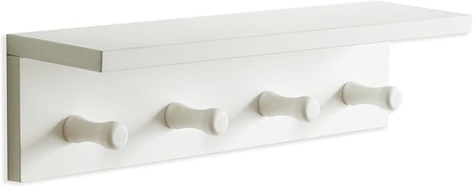 Entrance Coat Rack ，Coat Hooks, Wall-Mounted Wooden Hook Rack, Wall-Mounted Shelves are Very Suitable (White Finish-1)