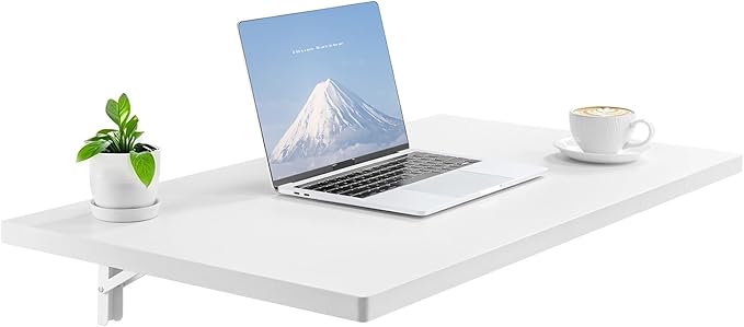 VEVOR Wall Mounted Folding Table, 35.4 x 19.7 inches Wall Mount Table, Floating Desk with Iron Bracket for Small Spaces, Home Office, Dining, Laundry Room, Kitchen, Bar, White