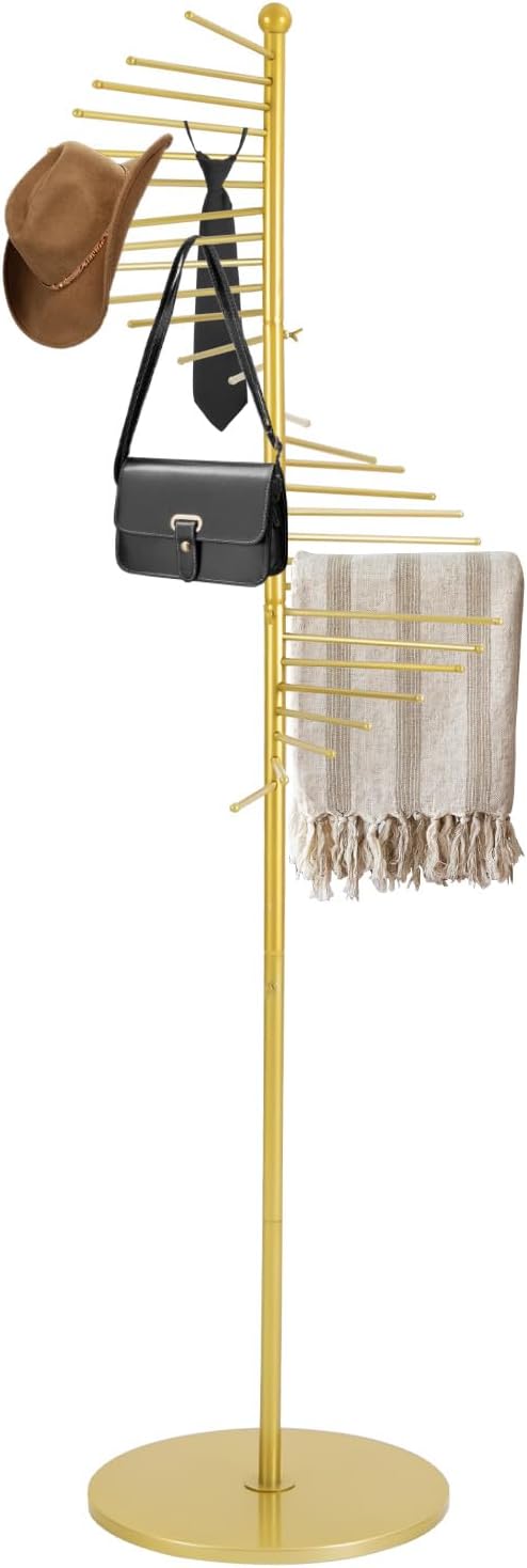 Freestanding Scarf Display Rack, Metal Spiral Scarf Holder with 30 Rods, Hijab Stand Belt Pants Hanger Organizer for Locker Room, Home, Office, Commercial Shopping Mall, Clothing Store (17X67in Gold)