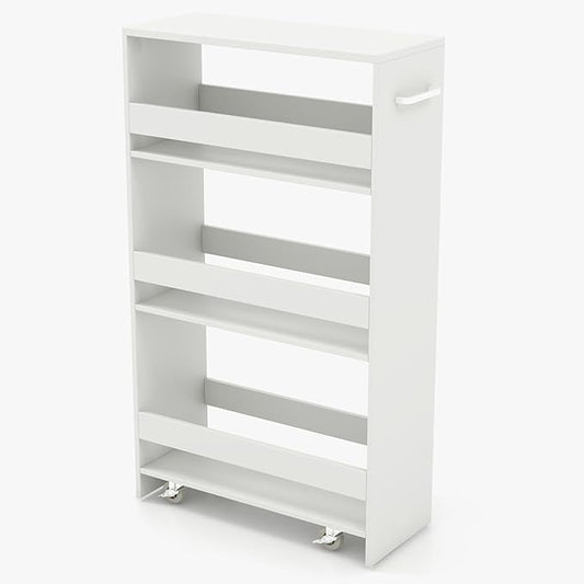 POWERSTONE 4-Tier Slim Storage Cart, Narrow Kitchen Rolling Cart w/Handle & Open Shelves, Skinny Slide Out Utility Organizer Trolley for Kitchen Bathroom Laundry Small Spaces White