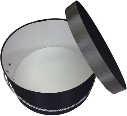 Sarah's Hat Boxes Classic Black/Gray Hat Box – 21.5" x 11.5" (Dia. x Ht.) Handmade in USA – Odorless Non-Toxic Adhesive, Cording Handle – Premium Storage for Hats & Accessories