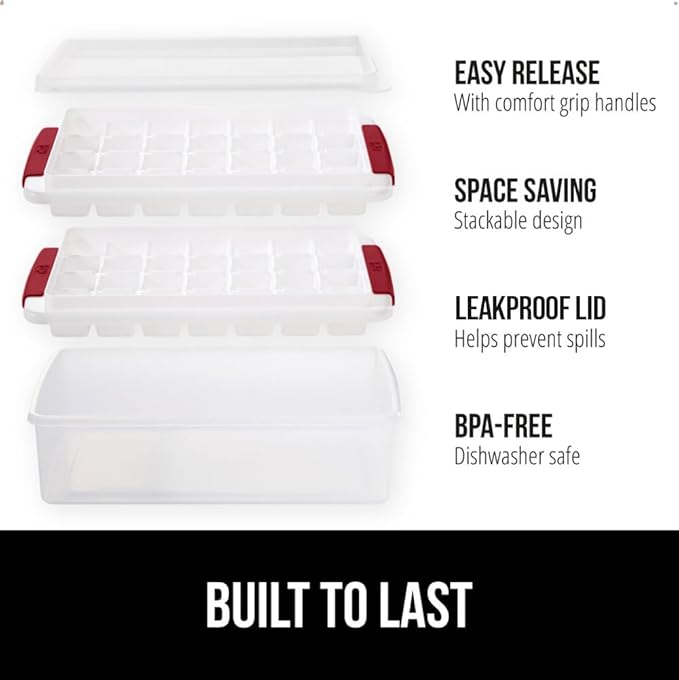GORILLA GRIP BPA-Free Easy Release Ice Cube Tray for Freezer, Make Lots of Ice, 56 Cubes Total, Kit Includes 2 Stackable Leakproof Trays with Lid and Soft Handle Grips, Scooper, Bin, For Coffee, Red