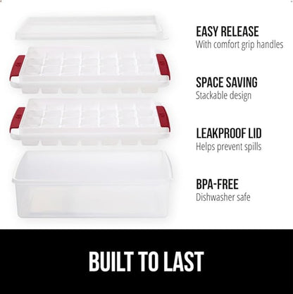 GORILLA GRIP BPA-Free Easy Release Ice Cube Tray for Freezer, Make Lots of Ice, 56 Cubes Total, Kit Includes 2 Stackable Leakproof Trays with Lid and Soft Handle Grips, Scooper, Bin, For Coffee, Red
