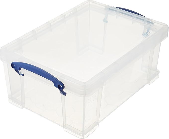 Really Useful Box Stackable 9 Liter Plastic Storage Container Bin with Snap Lid and Built-In Clip Lock Handles for Home & Office Organization (4 Pack)