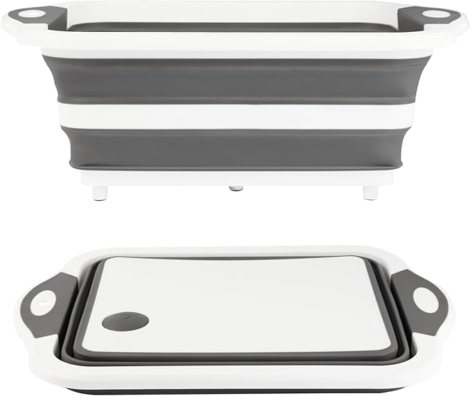 Collapsible BBQ Prep Tub/Cutting Board 10L, Foldable Dish Tub with Colander, Portable Camping Sink, Multifunction Dishing Basin Bucket Wash Tub for Kitchen Fruit Vegetable Picnic (Gray)