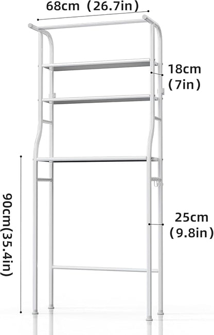 Over The Washer and Dryer Storage Shelf, 3 Tier Laundry Room Metal Drying Rack with Towels Hangers, Space Saver Organizer for Hanging Clothes and Towels (Metal White FA1)