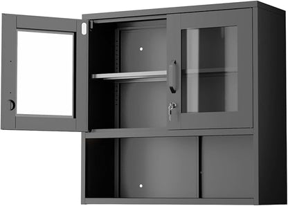 VINGLI Metal Wall Cabinet with Locking Glass Doors, Adjustable Shelf, Wall Mounted Storage Display Cabinets for Garage, Kitchen, Home Office, Warehouse, Living Room, Black