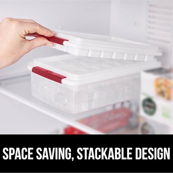 GORILLA GRIP BPA-Free Easy Release Ice Cube Tray for Freezer, Make Lots of Ice, 56 Cubes Total, Kit Includes 2 Stackable Leakproof Trays with Lid and Soft Handle Grips, Scooper, Bin, For Coffee, Red