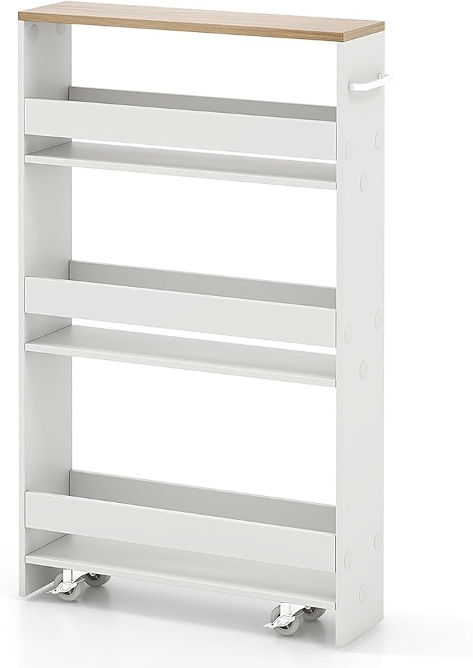 MAT EXPERT Slim Rolling Storage Cart, 4-Tier Freestanding Slim Storage Cart with Wheels 360 Degree & Metal Handle, Wooden Utility Cart for Narrow Kitchen, Laundry Room, Bathroom (White + Natural)