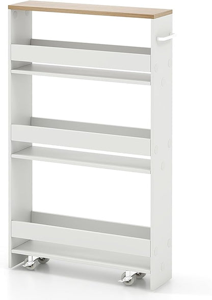 MAT EXPERT Slim Rolling Storage Cart, 4-Tier Freestanding Slim Storage Cart with Wheels 360 Degree & Metal Handle, Wooden Utility Cart for Narrow Kitchen, Laundry Room, Bathroom (White + Natural)