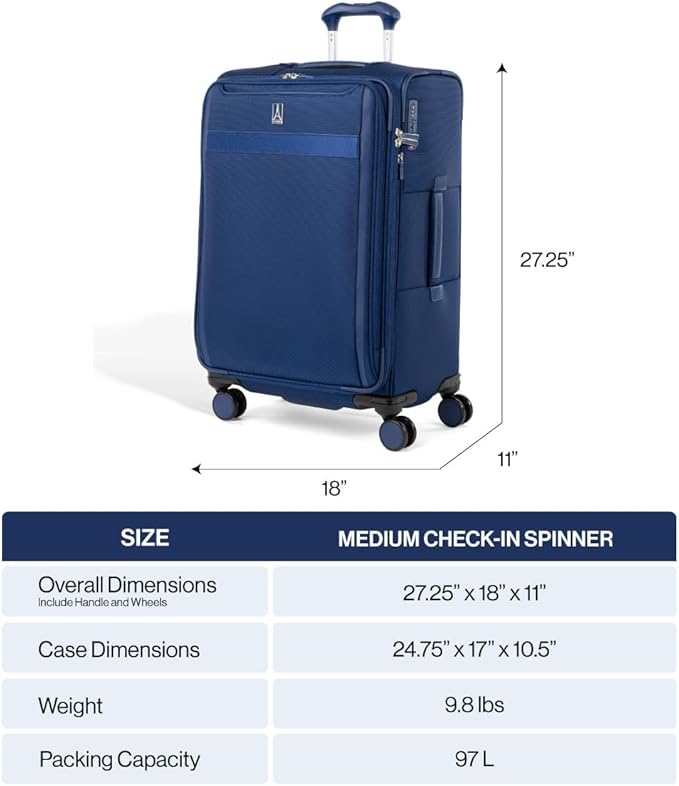 Travelpro VersaPack+ Lightweight Softside Expandable Checked Luggage, 8 Spinner Suitcase, TSA Lock, Men and Women, Checked Medium 25-Inch, Elemental Blue