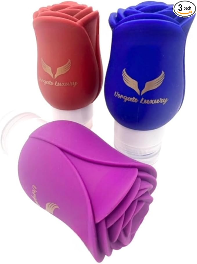 Vorgato Luxury- Silicone Travel Bottles for Toiletries - 3oz Silicone - TSA Approved - Refillable Travel Bottles 3 pcs (Fuschia, Red, Blue)