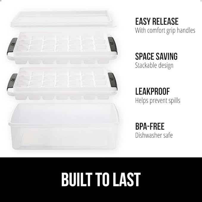 GORILLA GRIP BPA-Free Easy Release Ice Cube Tray for Freezer, Make Lots of Ice, 56 Cubes Total, Kit Includes 2 Stackable Leakproof Trays with Lid and Soft Handle Grips, Scooper, Bin, For Coffee, Black