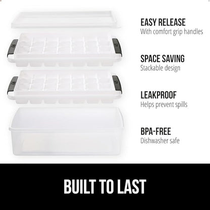 GORILLA GRIP BPA-Free Easy Release Ice Cube Tray for Freezer, Make Lots of Ice, 56 Cubes Total, Kit Includes 2 Stackable Leakproof Trays with Lid and Soft Handle Grips, Scooper, Bin, For Coffee, Black