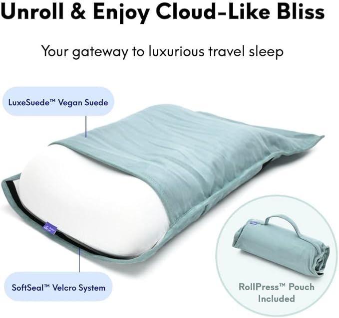 Cushion Lab Travel Deep Sleep Pillow – Compact Memory Foam Neck Pillow for Sleeping, Portable Pillow for Hotels, Camping, Side & Back Sleepers, On-The-Go – Wellness Green