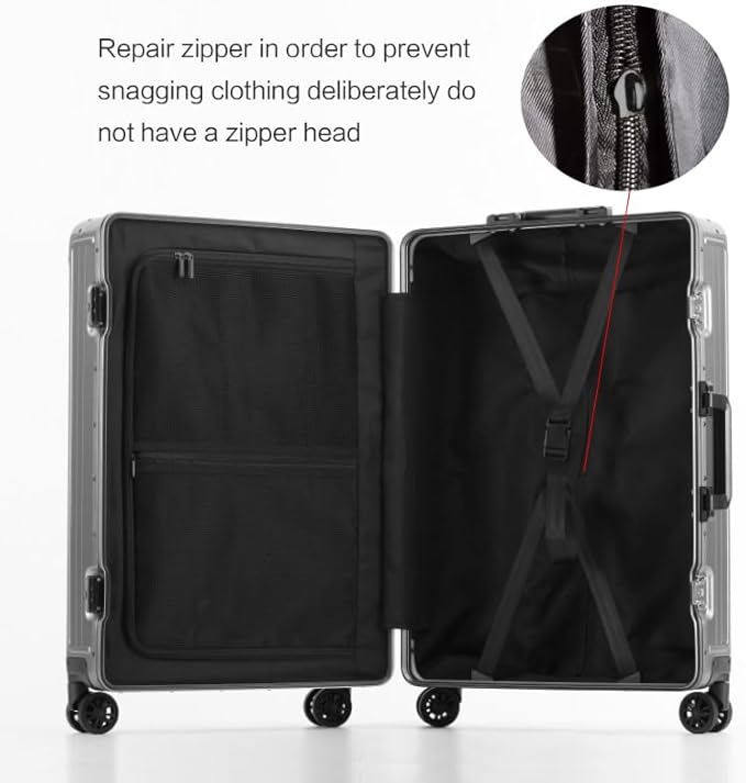 Metal all aluminum carry-on suitcase 20 "hard face, TSA lock and rotating wheel zippered luggage set (silvery, 24 '')