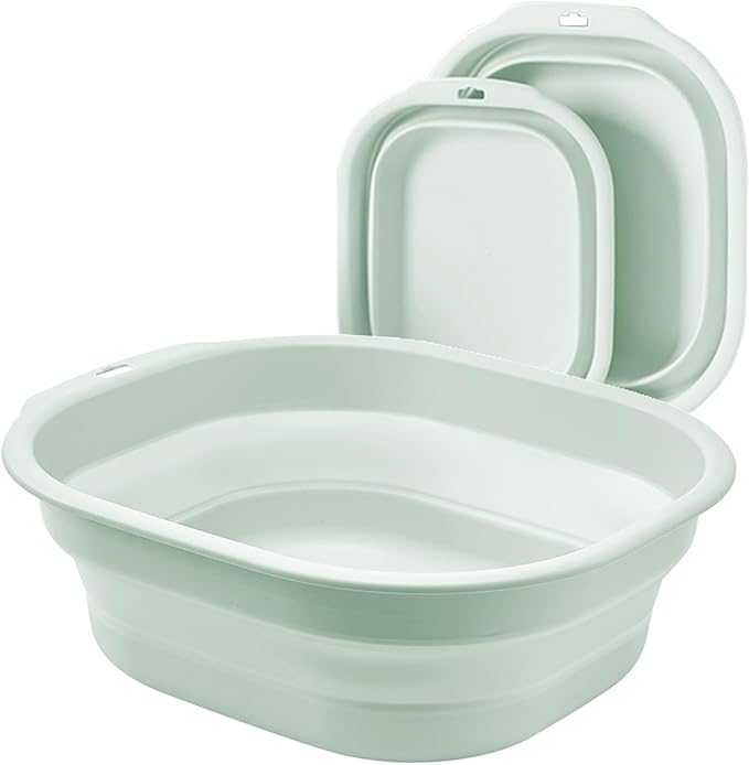 2 Pack Collapsible Wash Basin Set, Foldable Dish Tub, Small Medium Portable Sink for Kitchen, Camping, RV, Baby Bottles, Laundry, Plastic Washbasin -Green