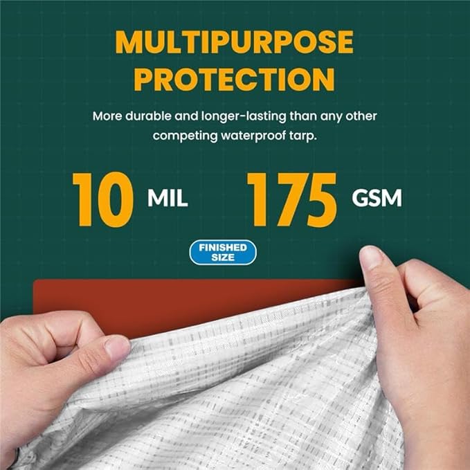 Large Waterproof Tarp - Heavy Duty 10 Mil Thick Poly Tarpaulin Ideal for Canopy Tents, Boats, RV or Pool Covers - Multipurpose Protective Tarps with Grommets for Indoor and Outdoor Use | 20' x 40'