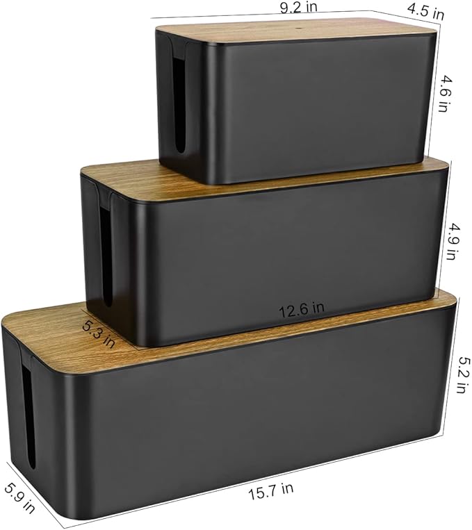 3 Pack Cable Management Box with 18 PCS Cable Management Set - Large & Medium & Small Wooden Grain Cable Organizer Box to Hide Wires & Power Strips | TV Cord Organizer Box | for Home & Office(Black)