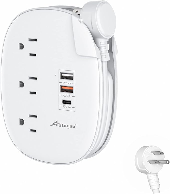 Alitayee 20W USB C Power Strip with 3 Outlets and USB C Fast Charging for iPhone, QC 3.0 Charger, Flat Plug and 3ft Wrapped Around Extension Cord for Cruise Travel Home Office Dorm