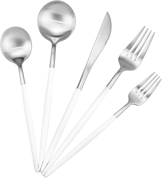 Gugrida 20-Piece 18/10 Stainless Steel Flatware Silverware, Luxury Dinnerware Set Travel Cutlery Tableware Include Knife Fork Spoon Service for 4, Dishwasher Safe (White Handle Matte Silver)