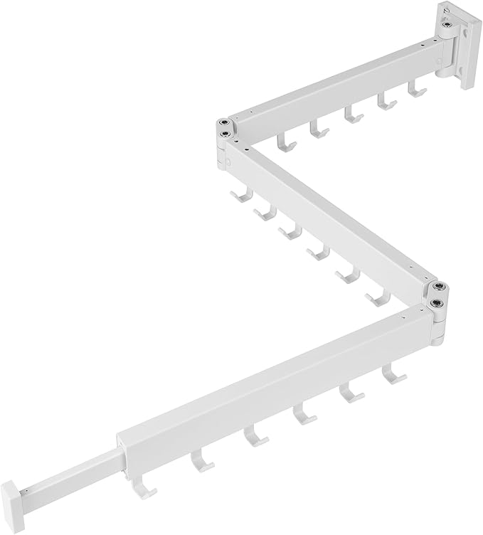 Clothes Drying Rack Wall Mounted, Retractable Collapsible(Tri-Fold) Space Saver, White with 18 Hooks for Laundry Room Organization Apartment Balcony Bathroom