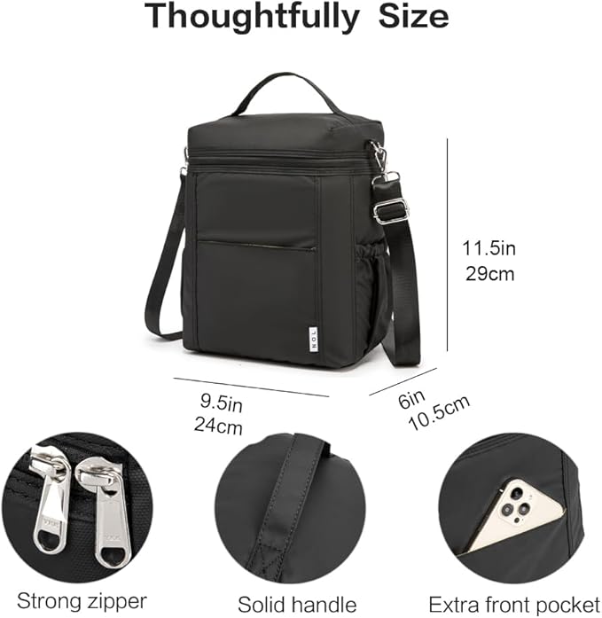 NOL Natural Organic Lifestyle Insulated Lunch Bags for Women Cooler Bag Lightweight Nylon Waterproof Lunch Box For Work (Black, Large)