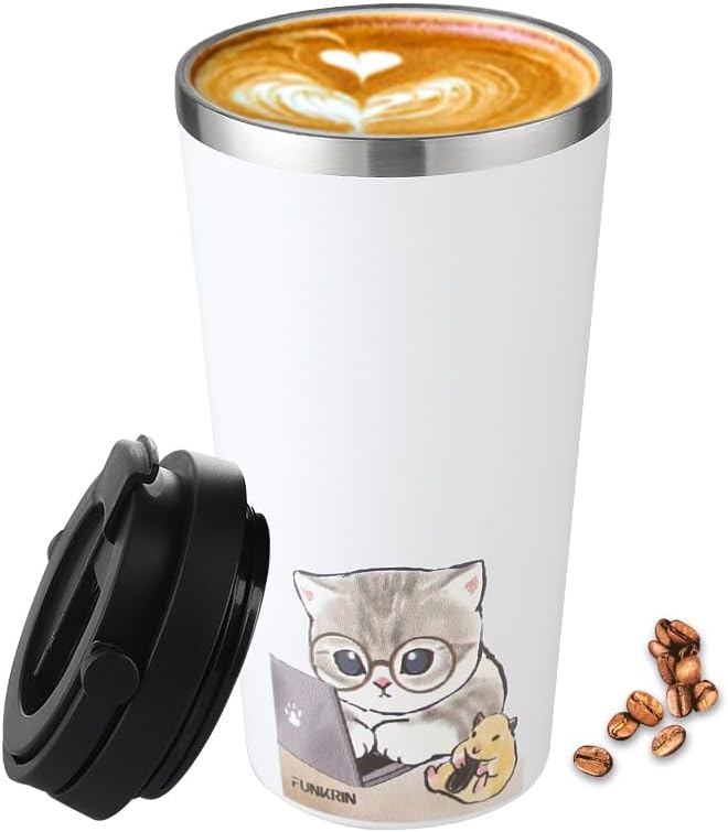 Funkrin Insulated Coffee Mug with Ceramic Coating, 16oz Iced Coffee Tumbler Cup with Flip Lid and Handle, Double Wall Vacuum Leak-Proof Travel Mug for Office School Party Camping