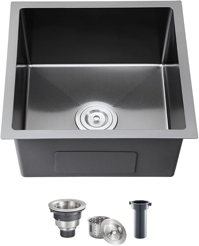 Black 18 inch Undermount Kitchen Sink - TSIBOMU 18 Gauge Stainless Steel 9" Deep Single Bowl Basin Undermount Kitchen Bar Sink, D18"xW18"xH9"