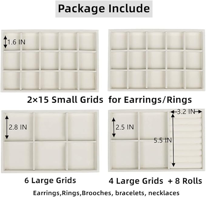 Set of 4 Stackable Jewelry Trays Organizer, Velvet Earring Organizer, Jewelry Organizer Showcase Display Drawer Organizer Storage, Earring Holder Necklace Bracelet Ring Accessary Organizers (Beige)