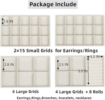 Set of 4 Stackable Jewelry Trays Organizer, Velvet Earring Organizer, Jewelry Organizer Showcase Display Drawer Organizer Storage, Earring Holder Necklace Bracelet Ring Accessary Organizers (Beige)