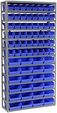 Global Industrial 13 Shelf Steel Shelving with (72) 4" H Plastic Shelf Bins, Blue, 36x12x72