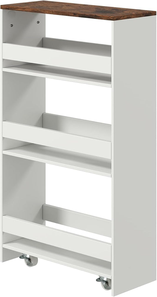 POWERSTONE 4-Tier Slim Storage Cart, Narrow Kitchen Rolling Cart w/Handle & Open Shelves, Skinny Slide Out Utility Organizer Trolley for Kitchen Bathroom Laundry Small Spaces White & Rustic Brown
