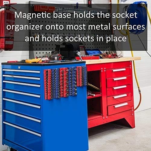 Olsa Tools Magnetic Socket Organizer | 3/8-inch Drive | SAE | RED | Holds 26 Sockets | Professional Quality Tools Organizer