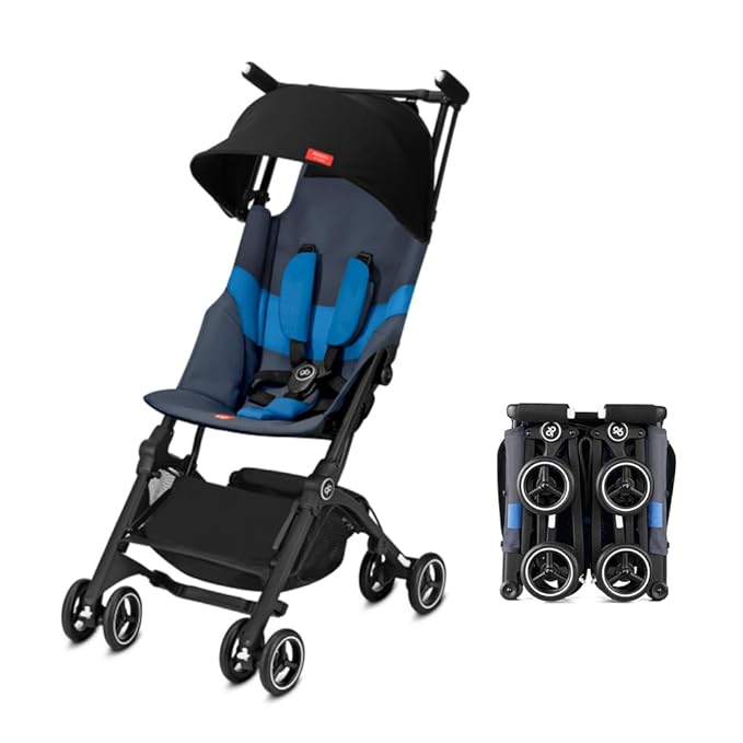 gb Pockit+ All-Terrain, Ultra Compact Lightweight Travel Stroller with Canopy and Reclining Seat in Night Blue, 10.6 pounds
