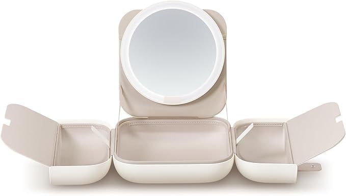 AMIRO M2 Travel Makeup Bag with 5 Level Brightness & 3 Color LED Mirror, Portable Makeup Artist Organizer, White