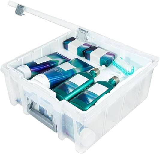 Best Kept Super Satchel Double Deep with Lift-Out Tray and Removable Dividers, Stackable Home Storage Organization Container, Clear with Sliver Latches and Handle