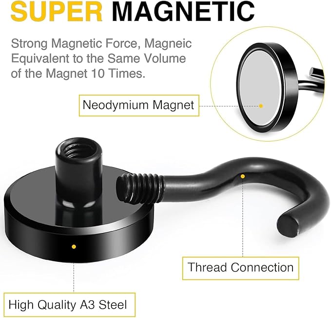 DIYMAG Magnetic Hooks Black 85 LB Heavy Duty Strong Magnet with Hook Rare Earth Neodymium Magnets for Hanging Magnetics Hanger for Curtain Home Kitchen Workplace 12 Packs