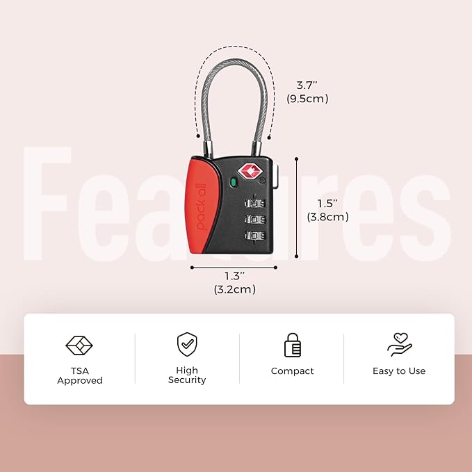 pack all TSA Approved Cable Luggage Locks, 3 Digit Combination Padlocks, Travel Lock for Suitcases & Bag, Alloy Body, Travel Accessories (1 Pack)（Red）