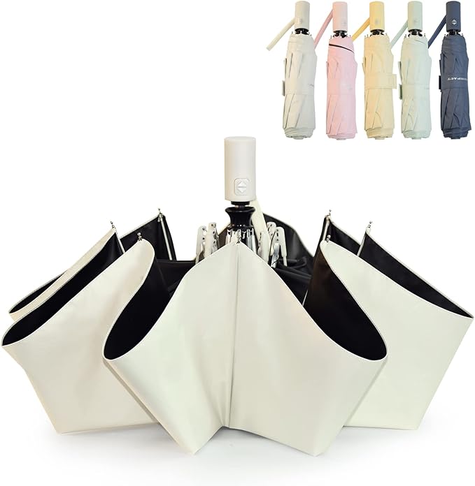SY COMPACT Umbrella Automatic Travel Waterproof Light Folding Umbrellas Easy Carry for Women and Men (Creamy White)