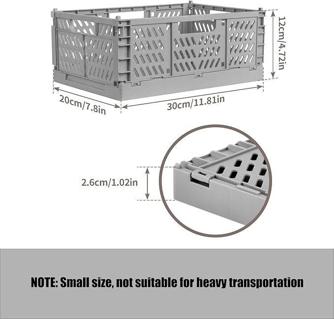 Domiella 2-Pack Crates for Storage, Storage Crates Plastic Stackable, Foldable Crate for Office Home Kitchen Bedroom Bathroom (Small, Gray)
