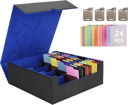 Venssu Card Storage Box For Trading Cards With Dedicated Card Supporters,3000+ Mtg Deck Box With 24 Colorful Divider Tabs,Trading Card Storage Fits For Magic Game Cards (Black and Blue)