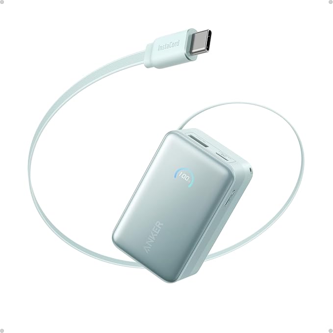 Anker Nano Power Bank, 10,000mAh Portable Charger with 2.3 ft InstaCord Retractable Cable, 45W Max Compact Battery Pack, Smart Display, for iPhone 16/17 Series, iPad, Galaxy, Pixel, and More