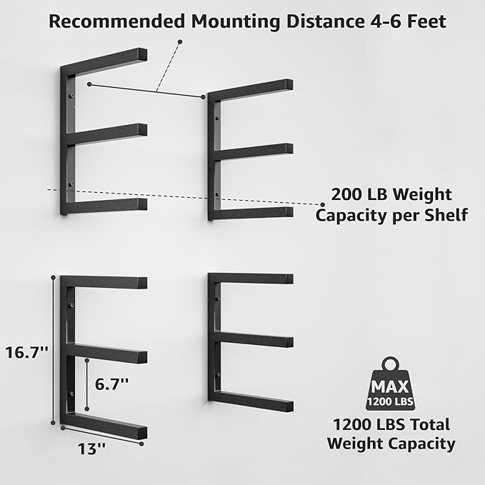 YYR Wood Organizer and Lumber Storage Rack Wall Mount, Heavy Duty Metal Shelf with 6-Level Holds Up 1200 LBS, Indoor & Outdoor Use - Black