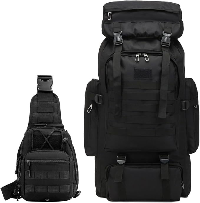 80L 2Pcs Hiking Backpack for Men with Sling Tactical Backpack - Rucksack Molle Military Tactical Waterproof Lightweight Camping Backpack 3 Day Assault Pack for Travel, Climbing, Backpacking