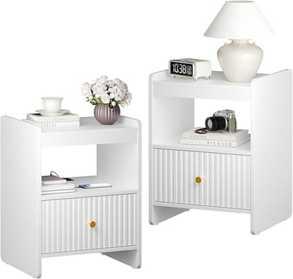 HIFYOBRO 21.6" Tall Fluted Nightstand Set, End Table with Charging Station and LED Light, Modern End Side Table with Drawer (White)