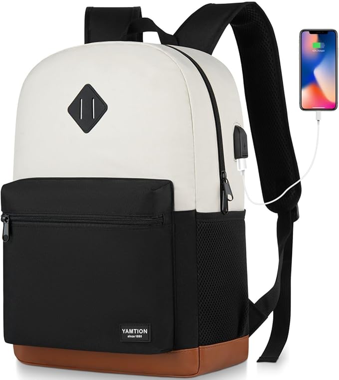 School Backpack,Bookbag Teen Boys and Girls Black Beige