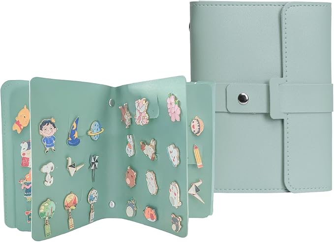 Enamel Pin Display Book - 4 Page Leather Travel Organizer for Collectors, Portable Lapel Pin Holder with Secure Storage, Compact Pin Trading Book (Sage Green)