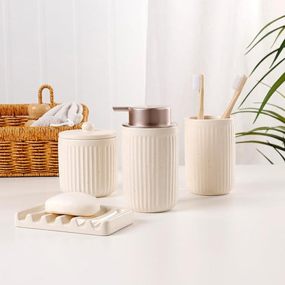 BosilunLife Bathroom Accessories Set - Ceramic Bathroom Set Bathroom Decor Sets Bathroom Counter Foam Soap Dispenser and Toothbrush Holder Set, Soap Dish, Apothecary Jar (Striped Apricot)